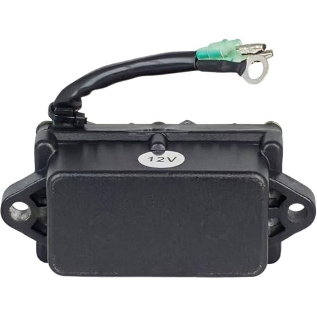 12V power trim and tilt relay with black cover and green-tipped wire lead