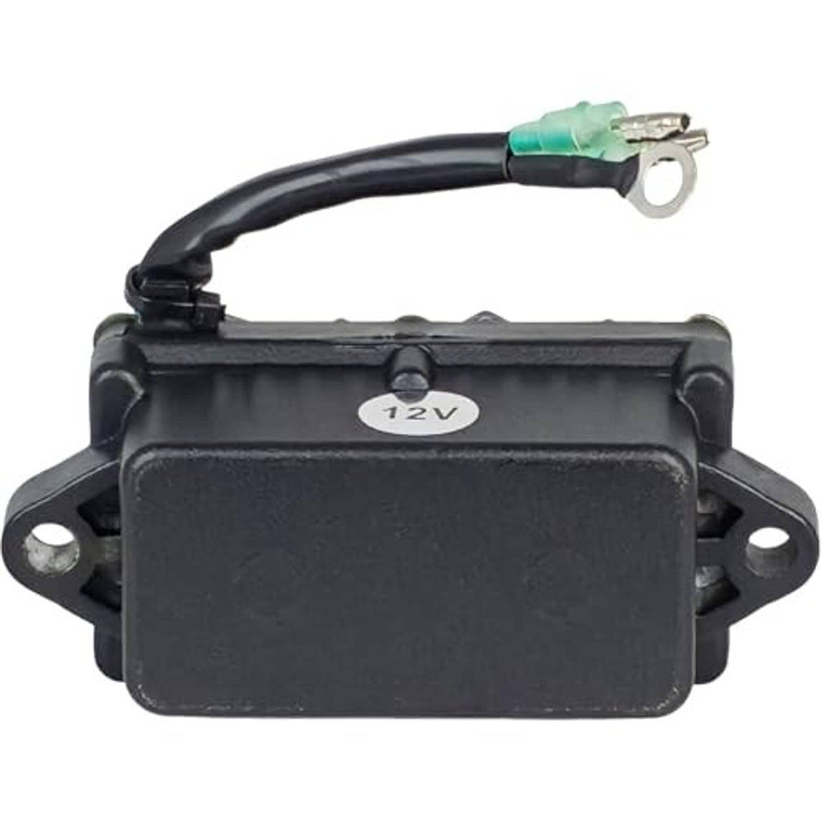 12V power trim and tilt relay with black cover and green-tipped wire lead