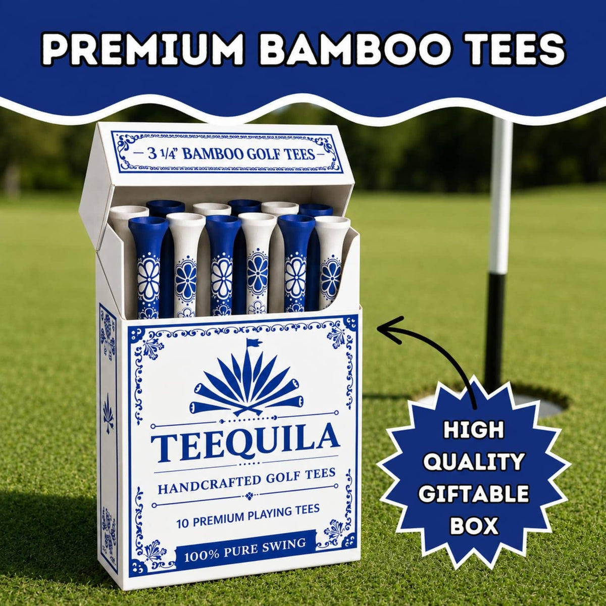 Bamboo golf tee gift box with 10 premium tees; white and blue floral pattern set