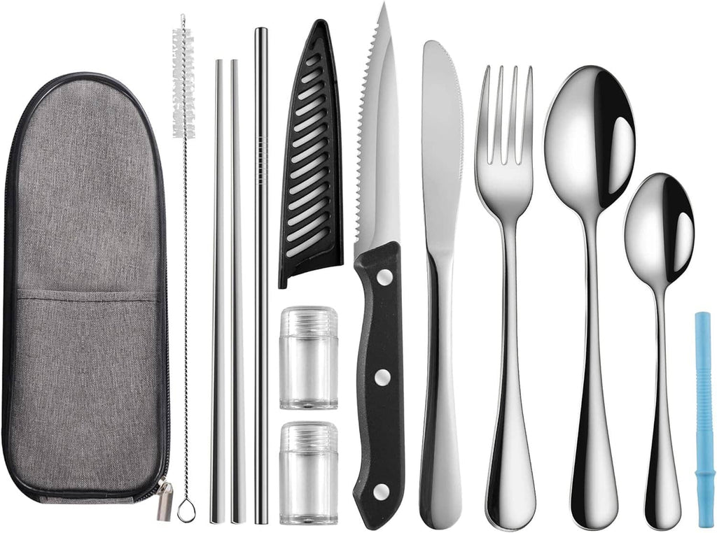 Gray zippered cutlery case with stainless fork, spoon, knife, and straw brush