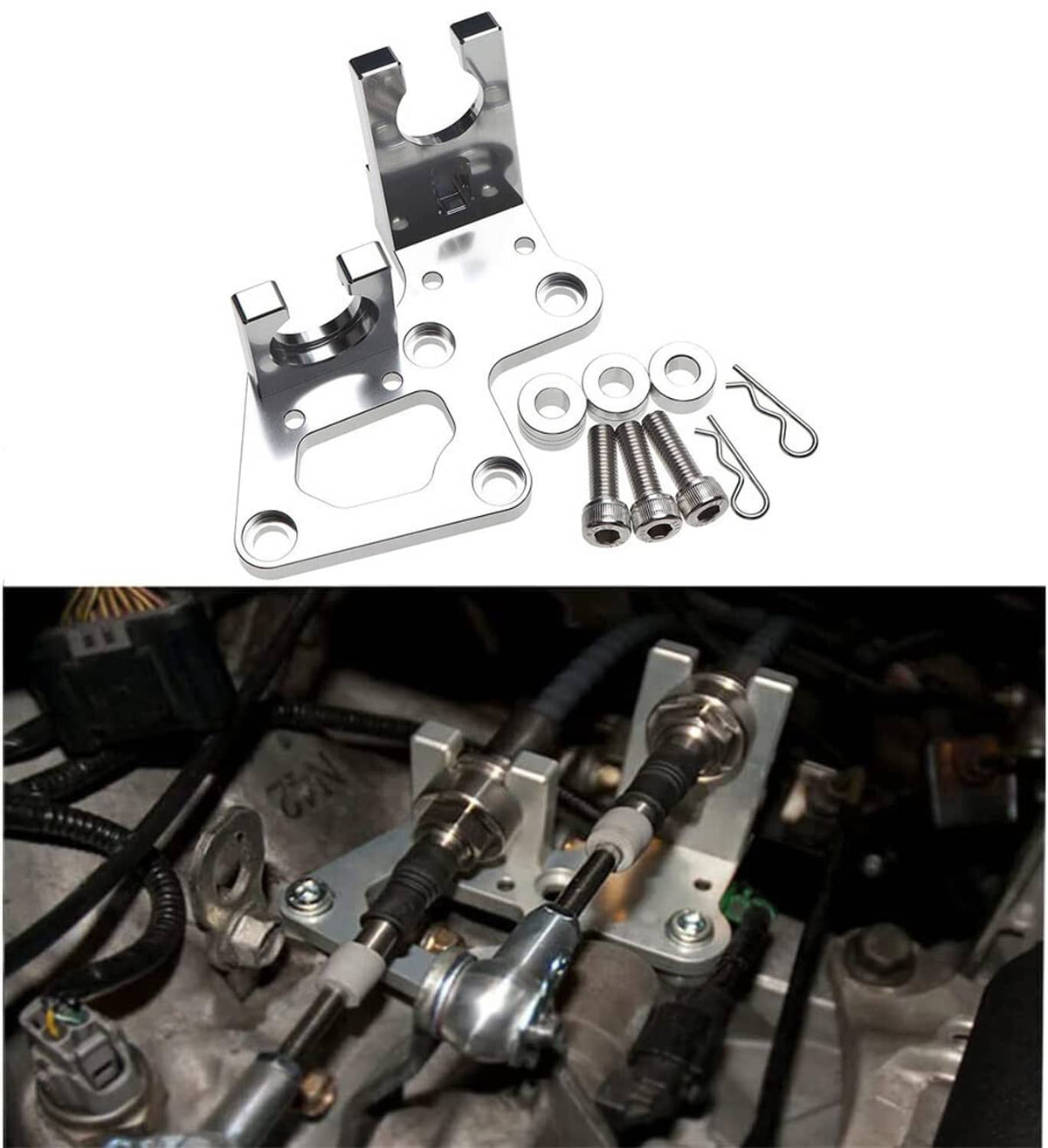 Installed metal transmission shifter cable bracket with hardware on engine bay