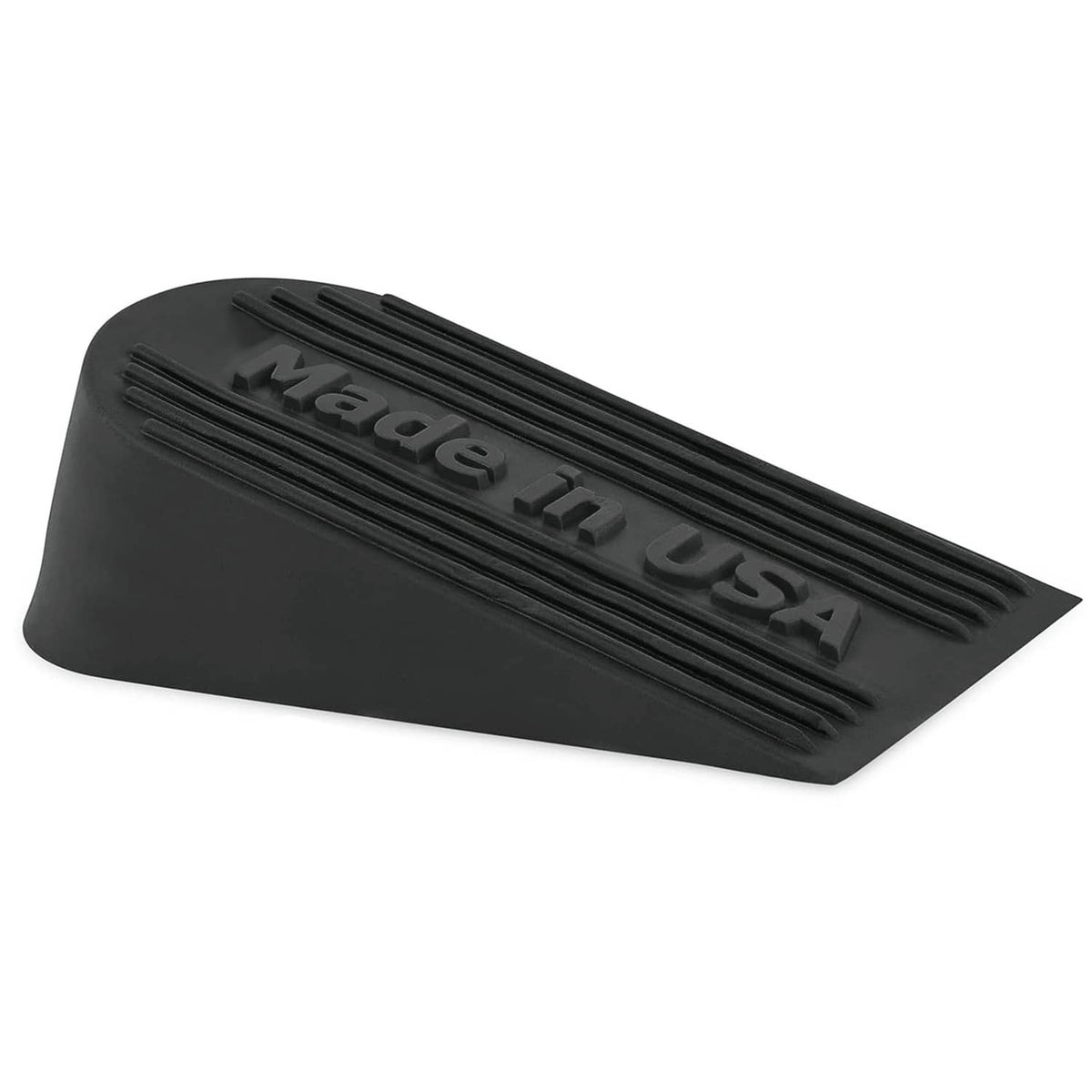 Black rubber door stopper with embossed 'Made in USA' text