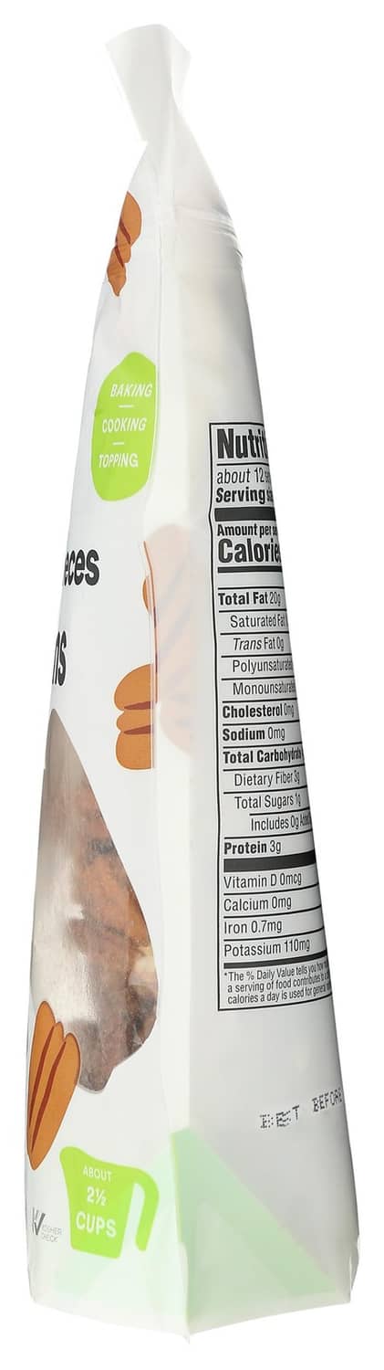 Pecan halves and pieces bag side with Nutrition Facts panel