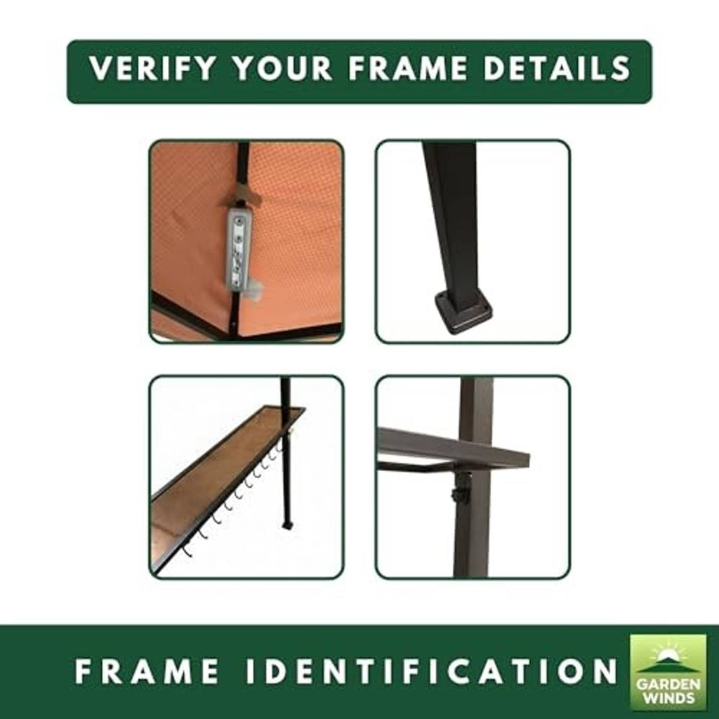 Canopy frame identification guide with bracket and corner mounting detail views