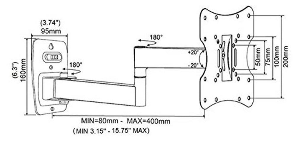 TV wall mount size diagram: min 80mm, max 400mm; tilt 20°/180°