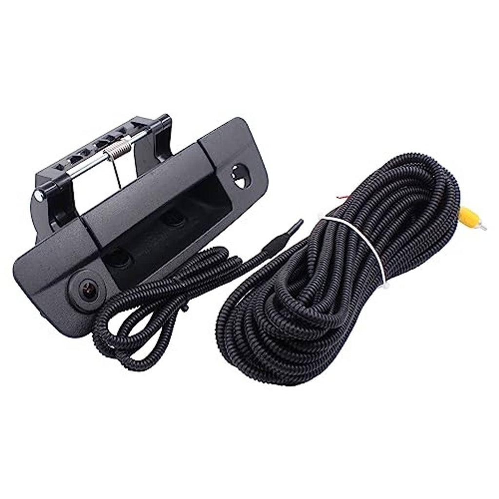 Tailgate handle backup camera kit with coiled wiring harness and yellow-tipped plug