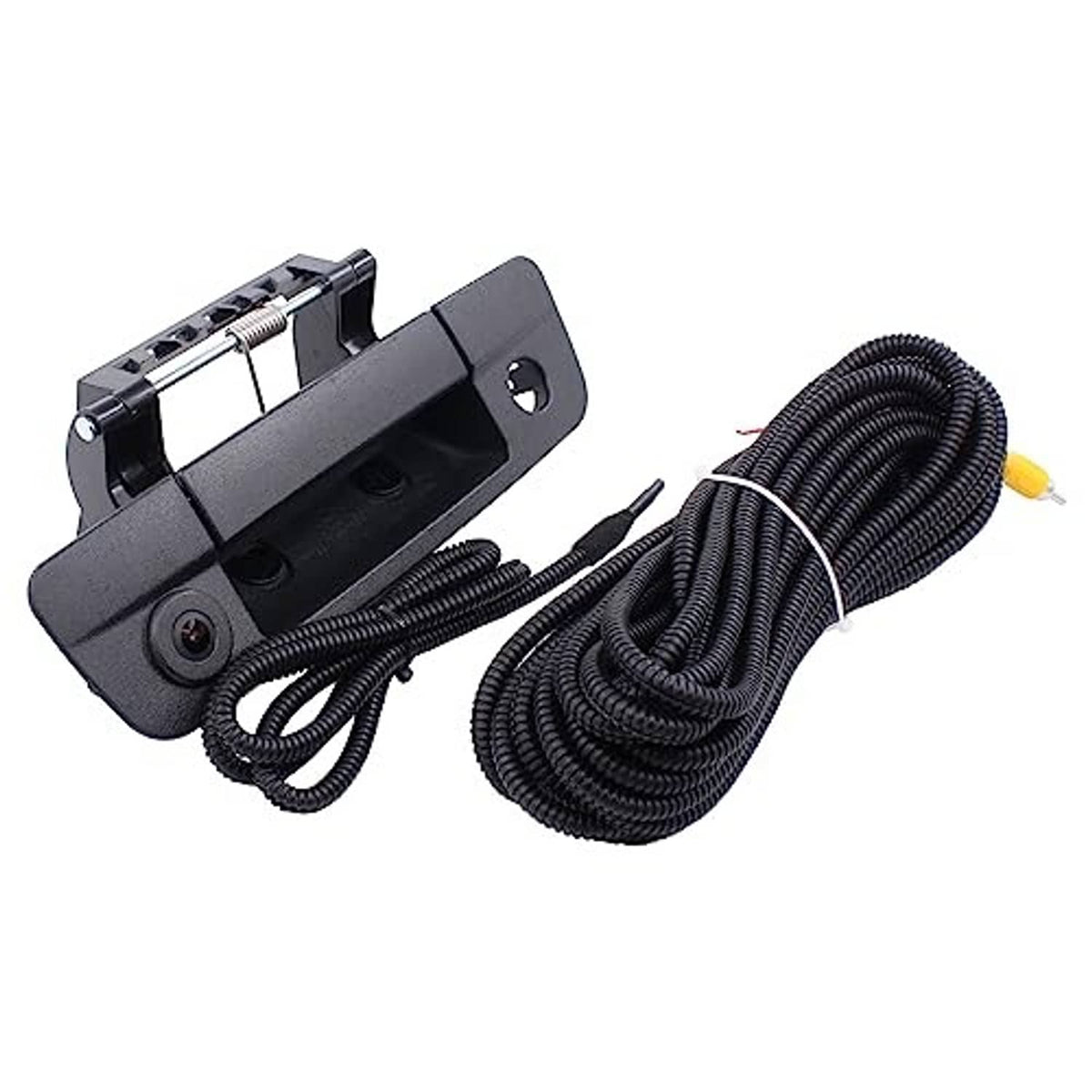 Tailgate handle backup camera kit with coiled wiring harness and yellow-tipped plug
