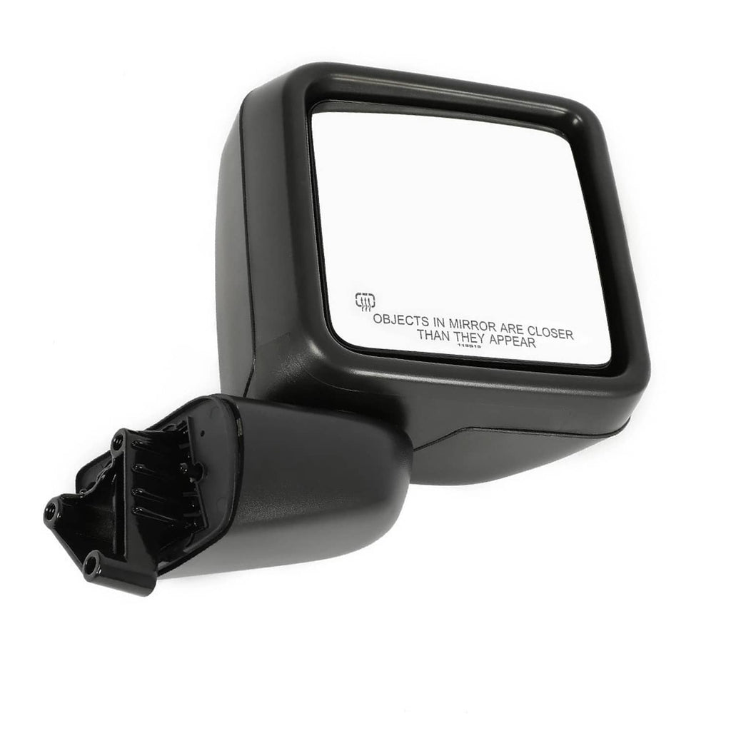 Passenger-side heated rearview mirror with black housing and rectangular glass window