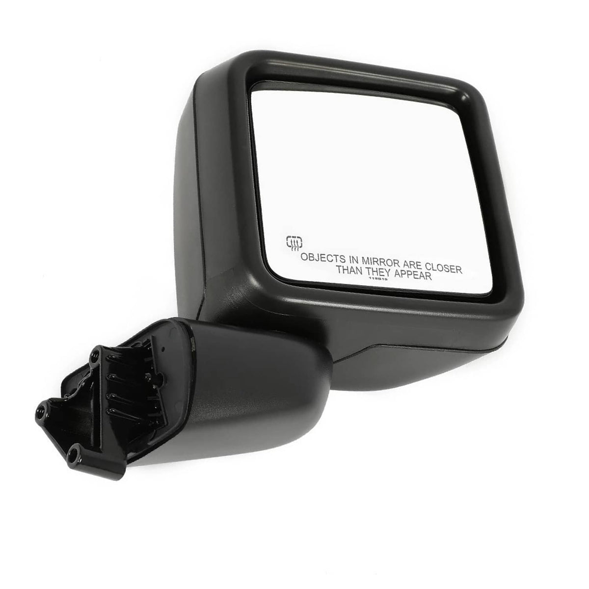 Passenger-side heated rearview mirror with black housing and rectangular glass window