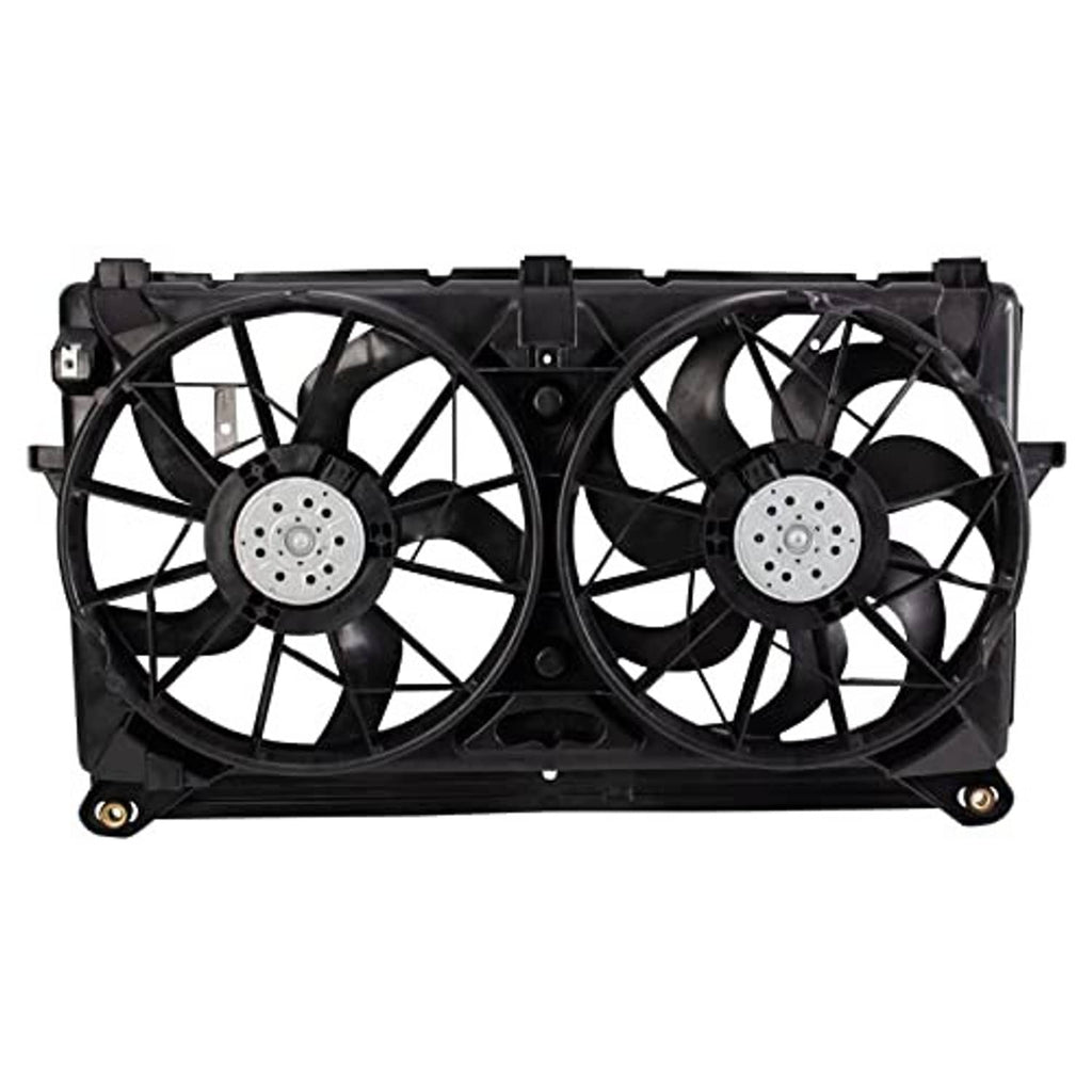 Dual radiator cooling fan assembly, two black fans with circular center motor caps