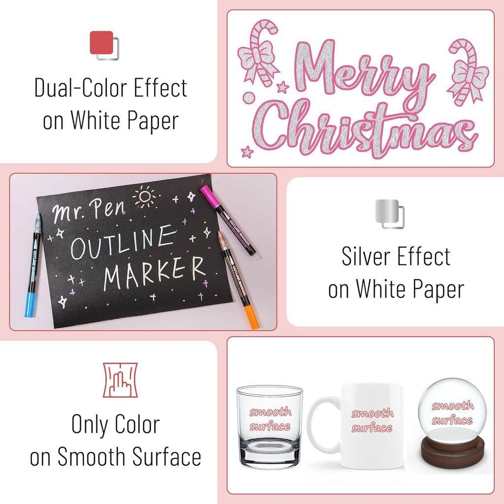 Dual-color metallic outline markers on white paper, for smooth surface only.