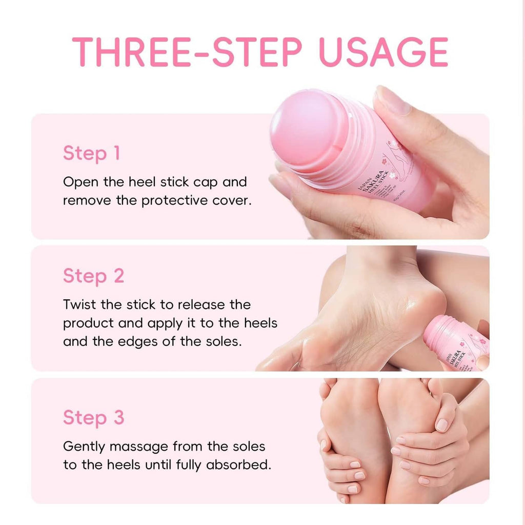 Hand holding pink heel stick, three-step usage showing cap, twist, and massage
