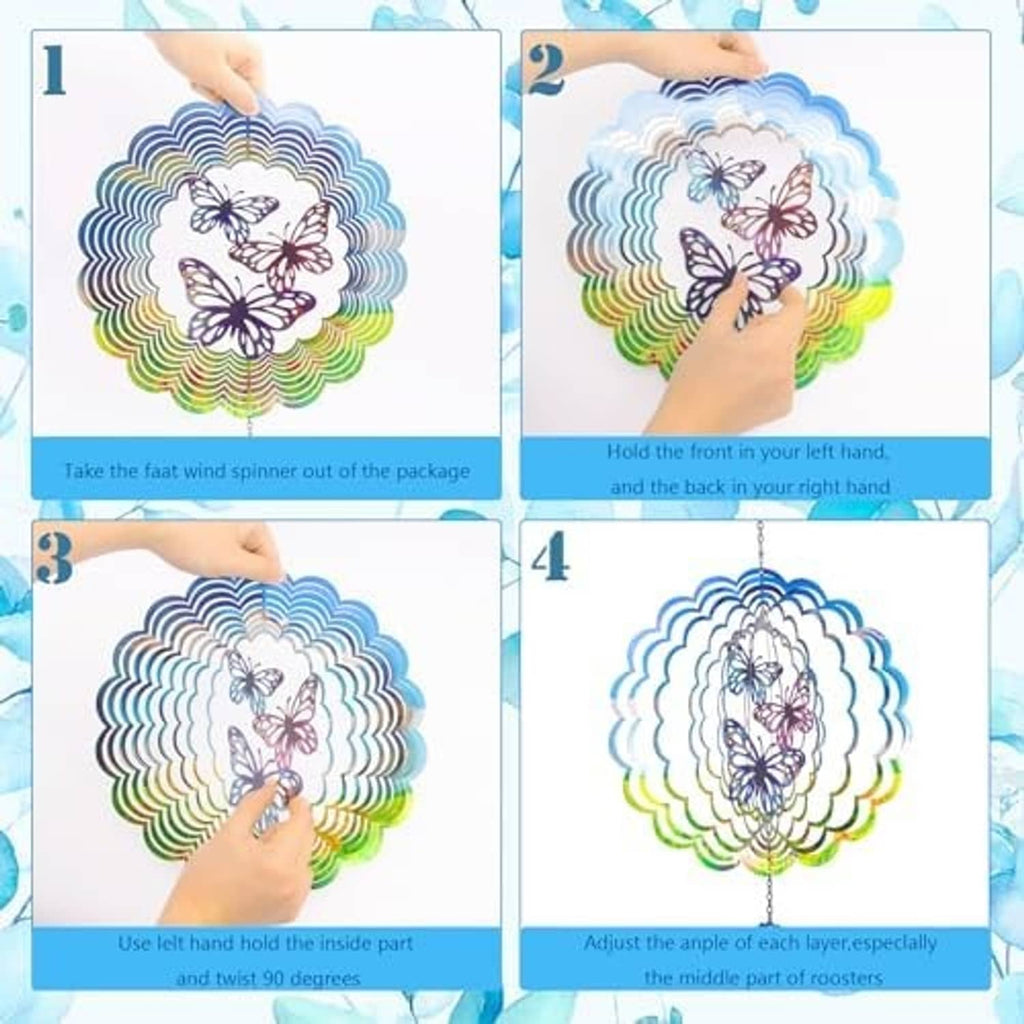 Colorful butterfly wind spinner with blue, green and pink butterfly cutouts