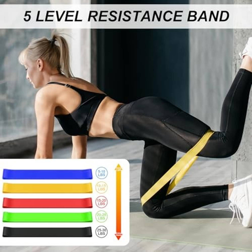 Five-level resistance bands set in black, green, blue, red, and yellow