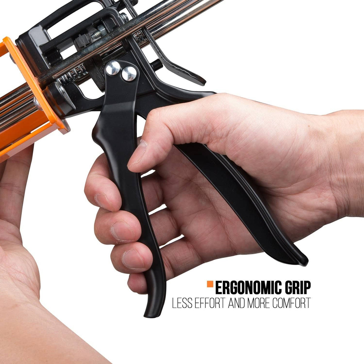 Dual component applicator gun handle with ergonomic black grip and metal guide rods