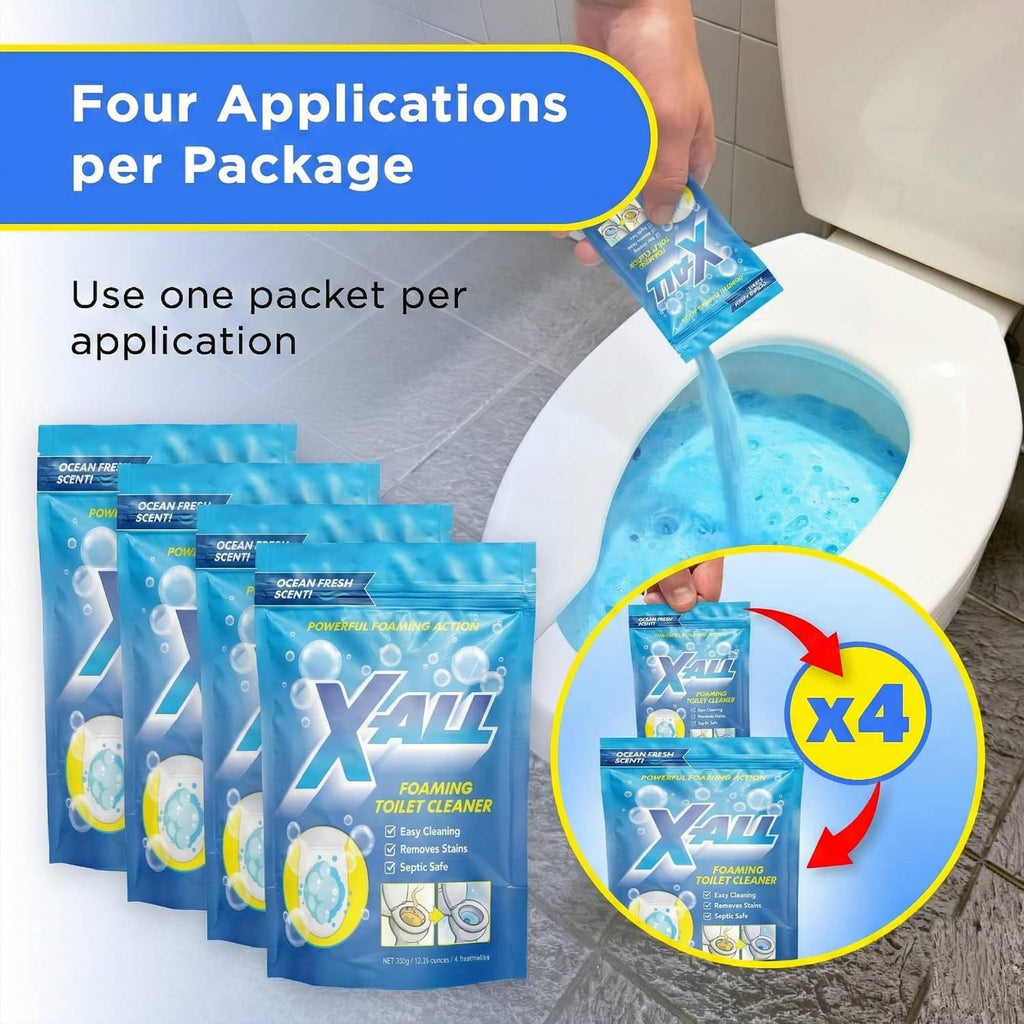 Foaming toilet cleaner powder pack with multiple pouches for four applications
