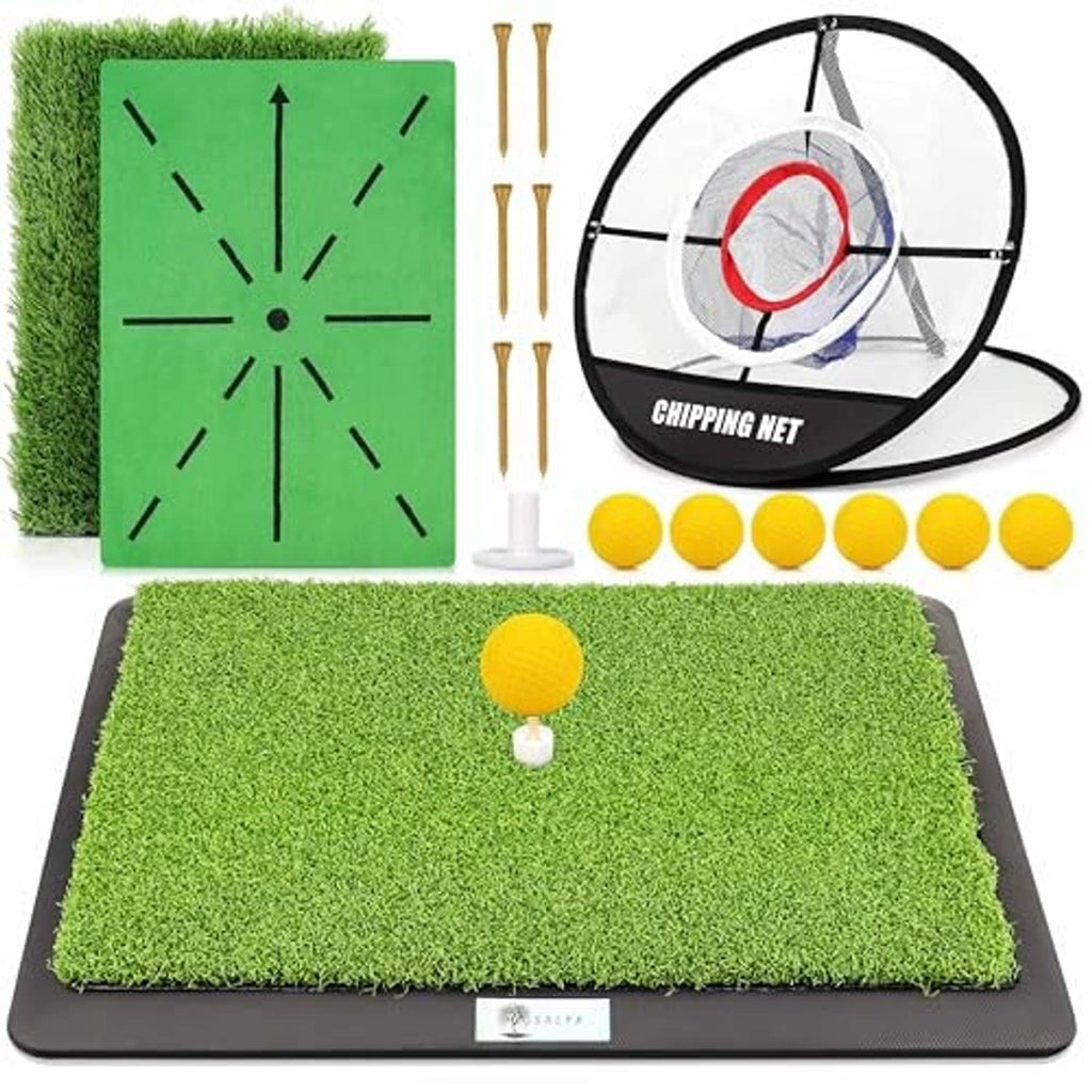 Green golf practice mat with built-in tee target area, foam balls, and chipping net