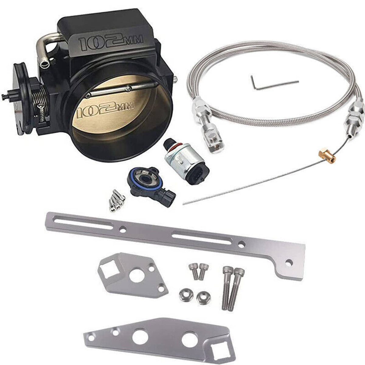 Throttle body kit with cable, brackets, and mounting screws, black and silver