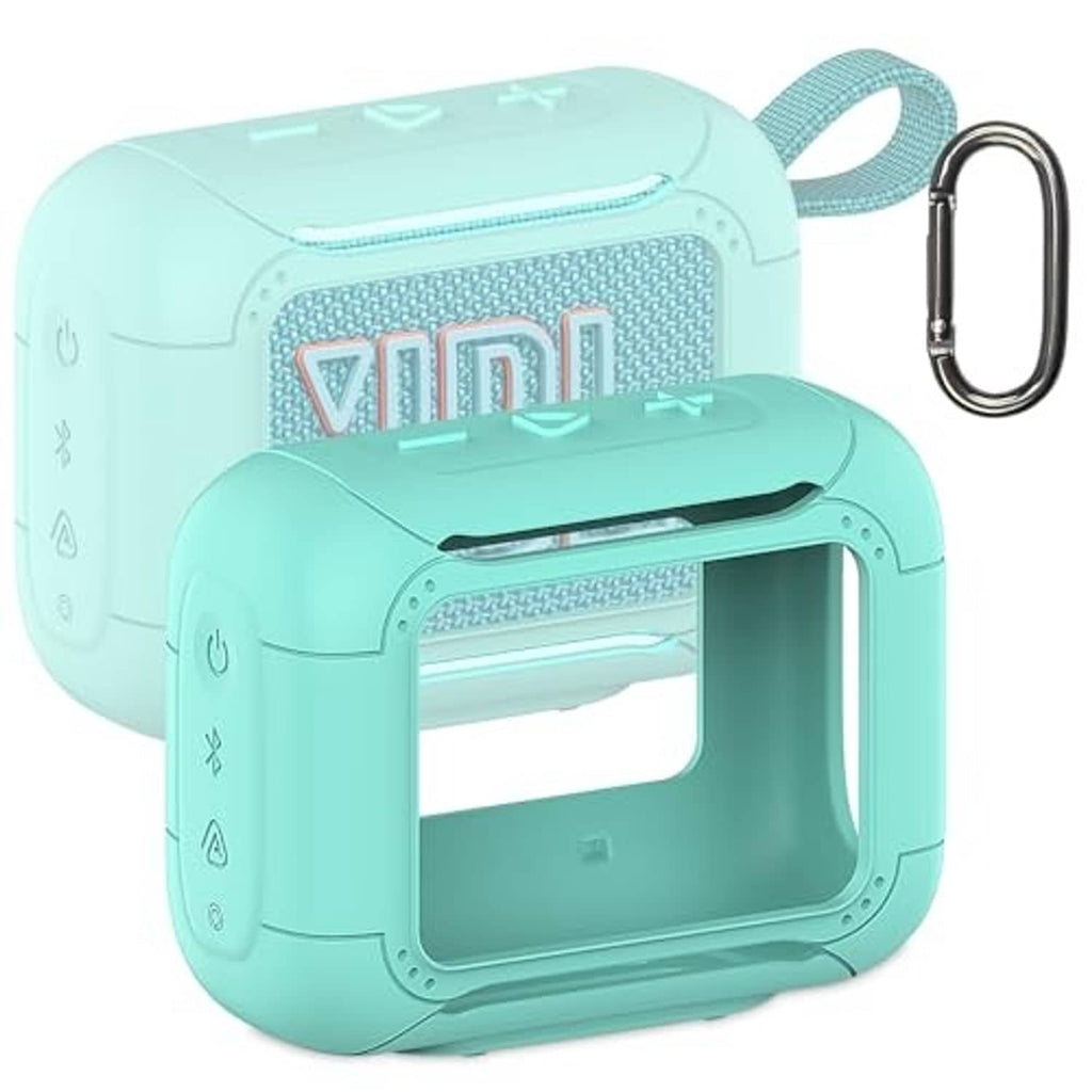 Teal silicone speaker cover case with large front cutout window and wrist strap