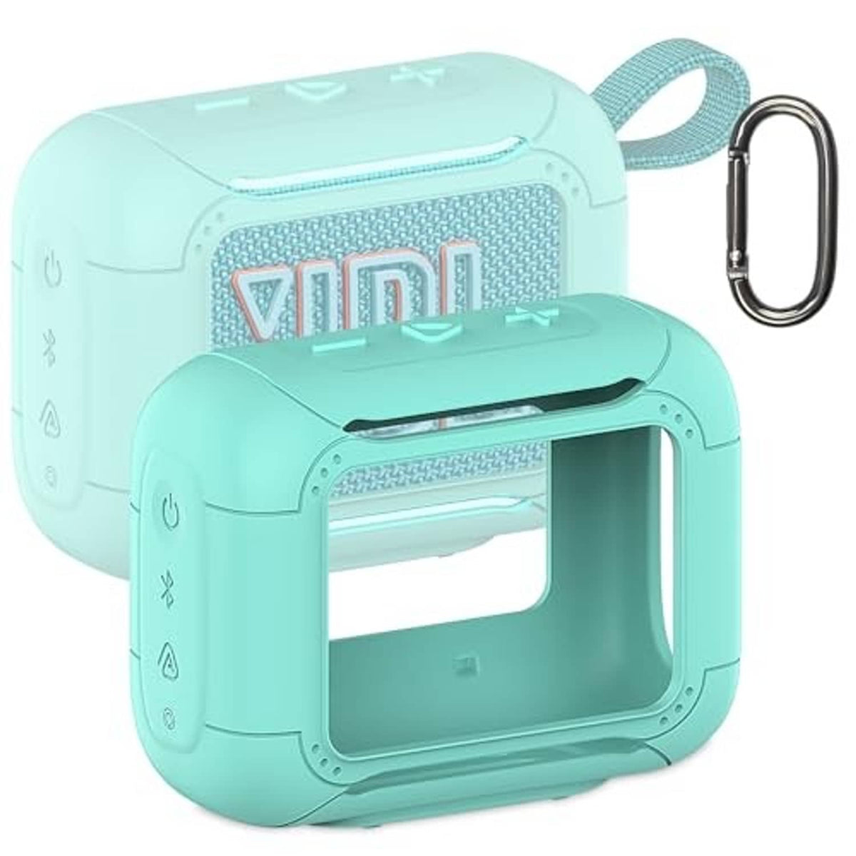 Teal silicone speaker cover case with large front cutout window and wrist strap