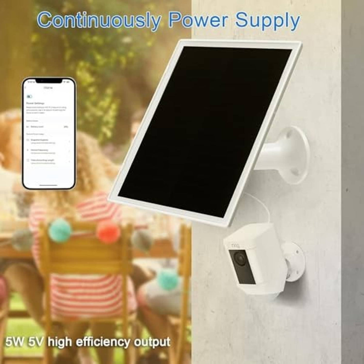 Solar panel charger with white wall mount and compact camera bracket for continuous power