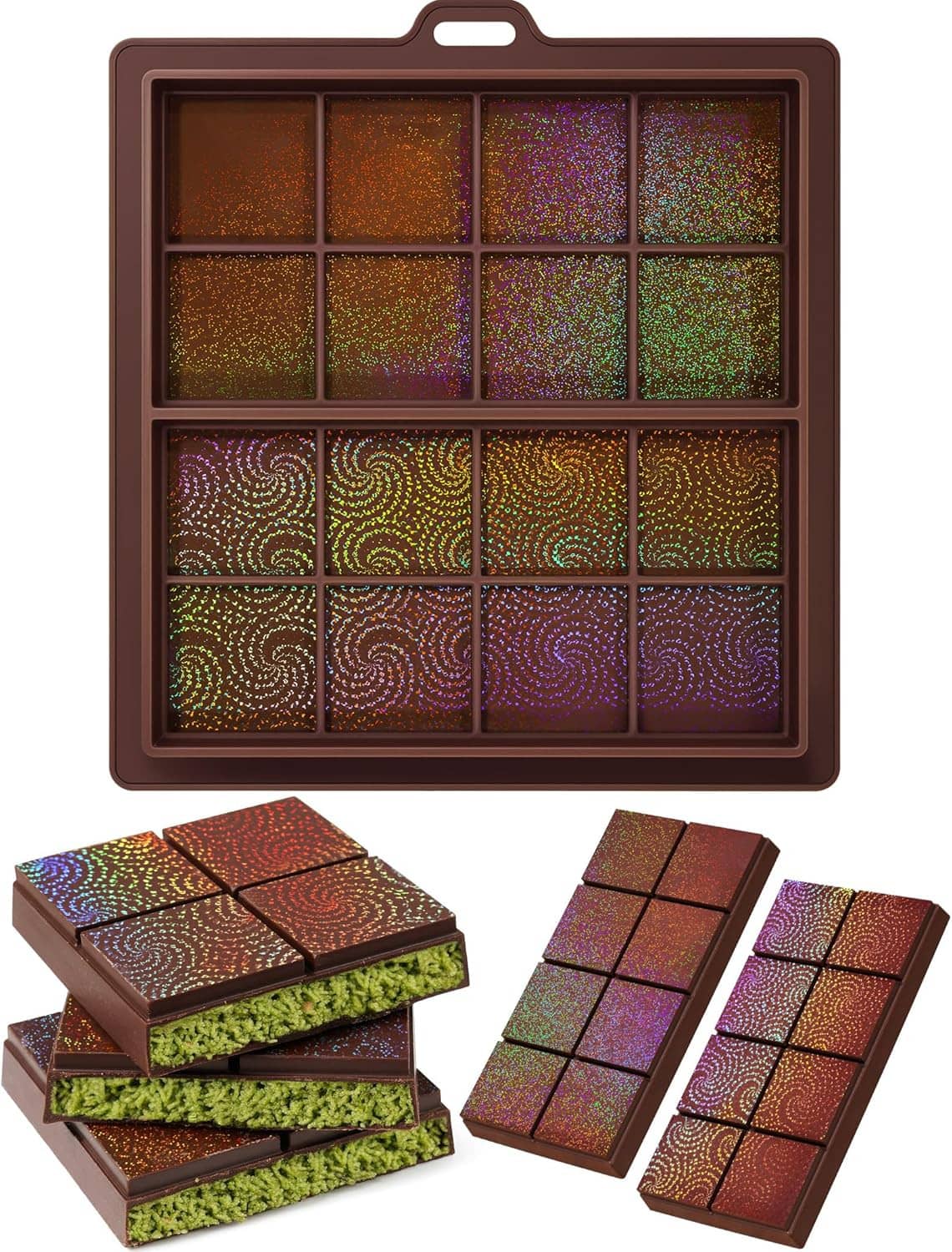 Holographic silicone chocolate bar mold set with patterned cavities and molded bar pieces