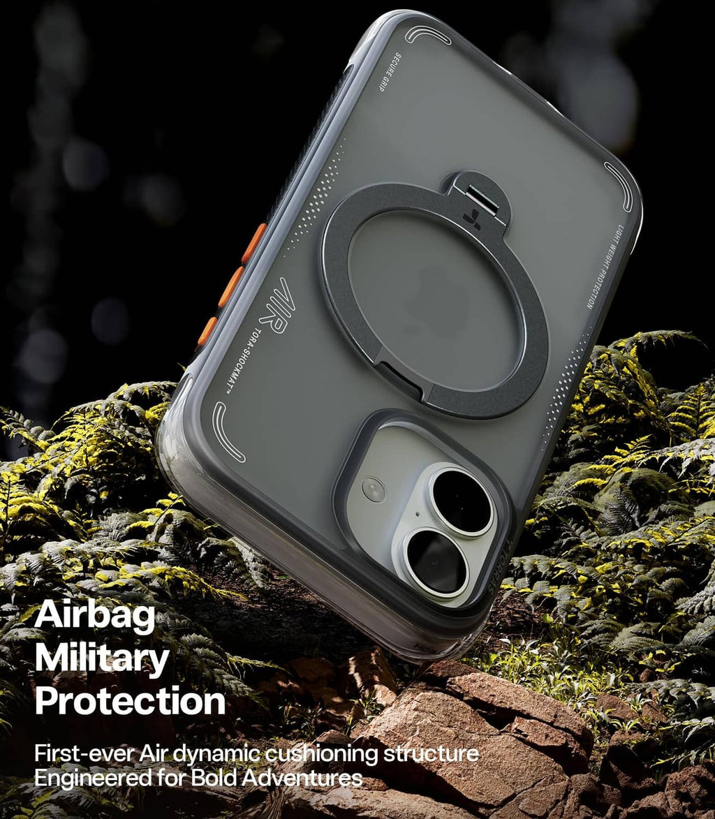 Slate-teal phone case with circular stand ring and dual camera protection