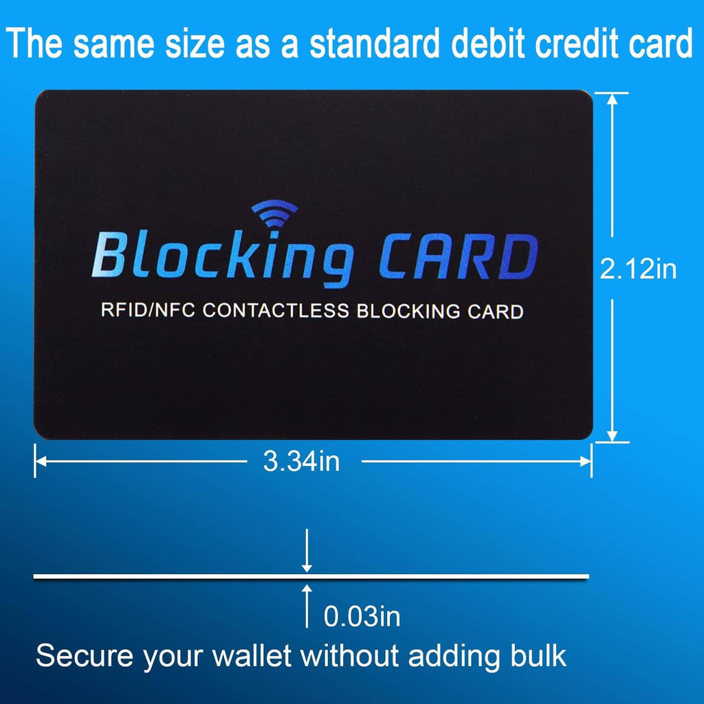 Black RFID/NFC blocking card with size dimensions overlay, slim credit-card format