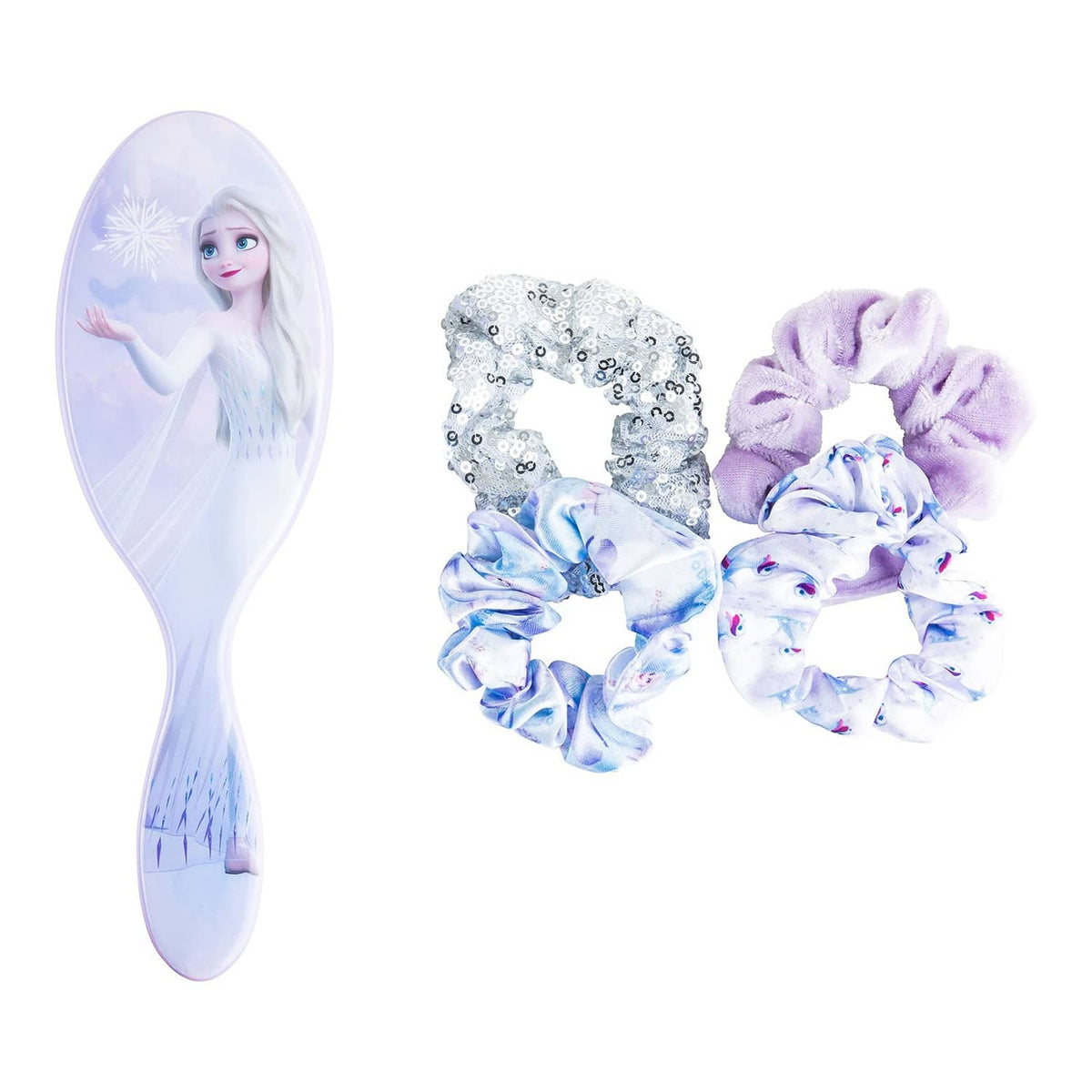 Princess oval hairbrush with multiple large fabric scrunchies in lilac and icy blue
