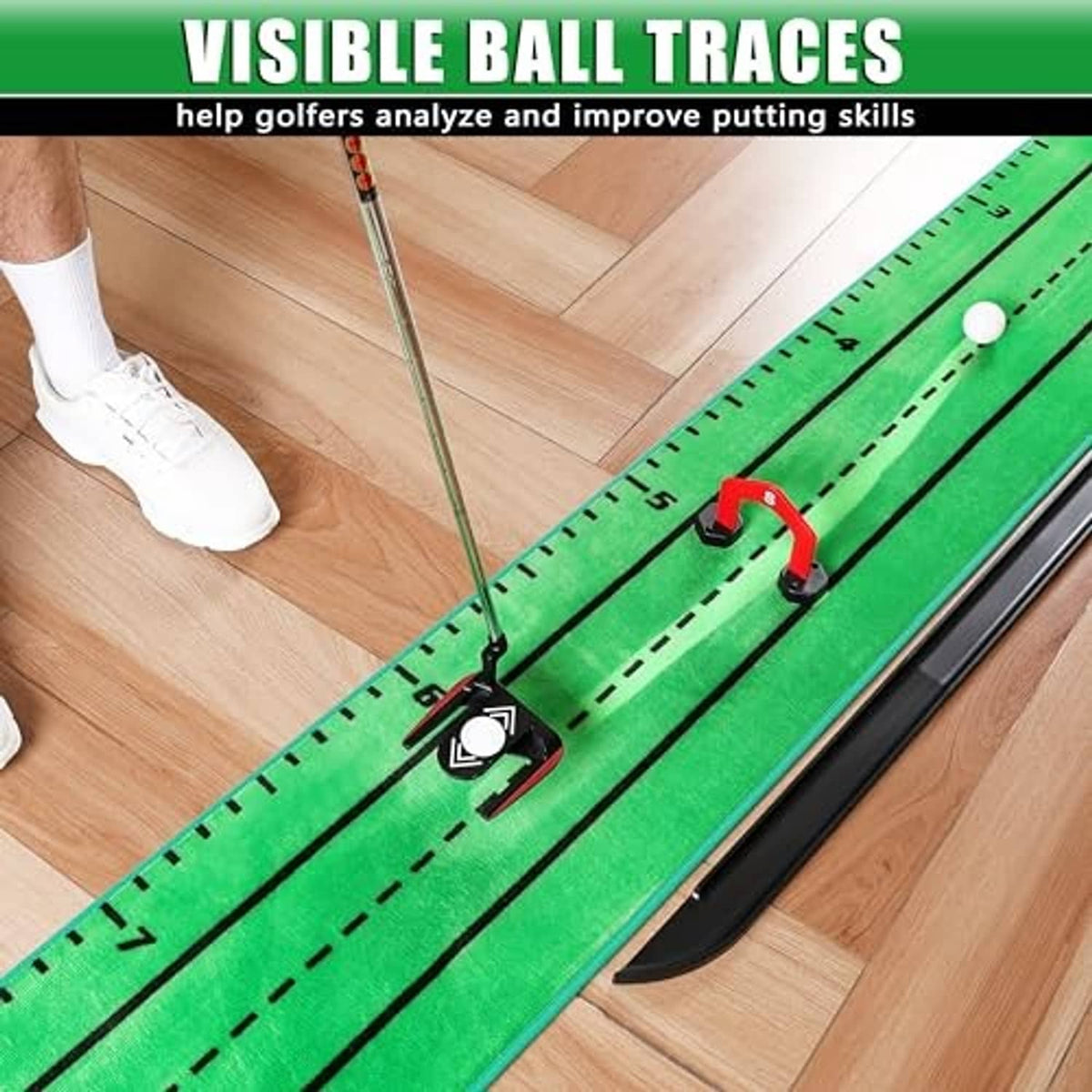 Green putting mat with dashed guide lines, visible ball-trace zones, and a gate return