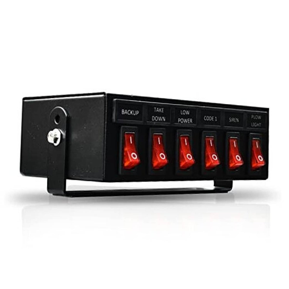 6-switch backlit controller box with black housing and red illuminated rocker switches