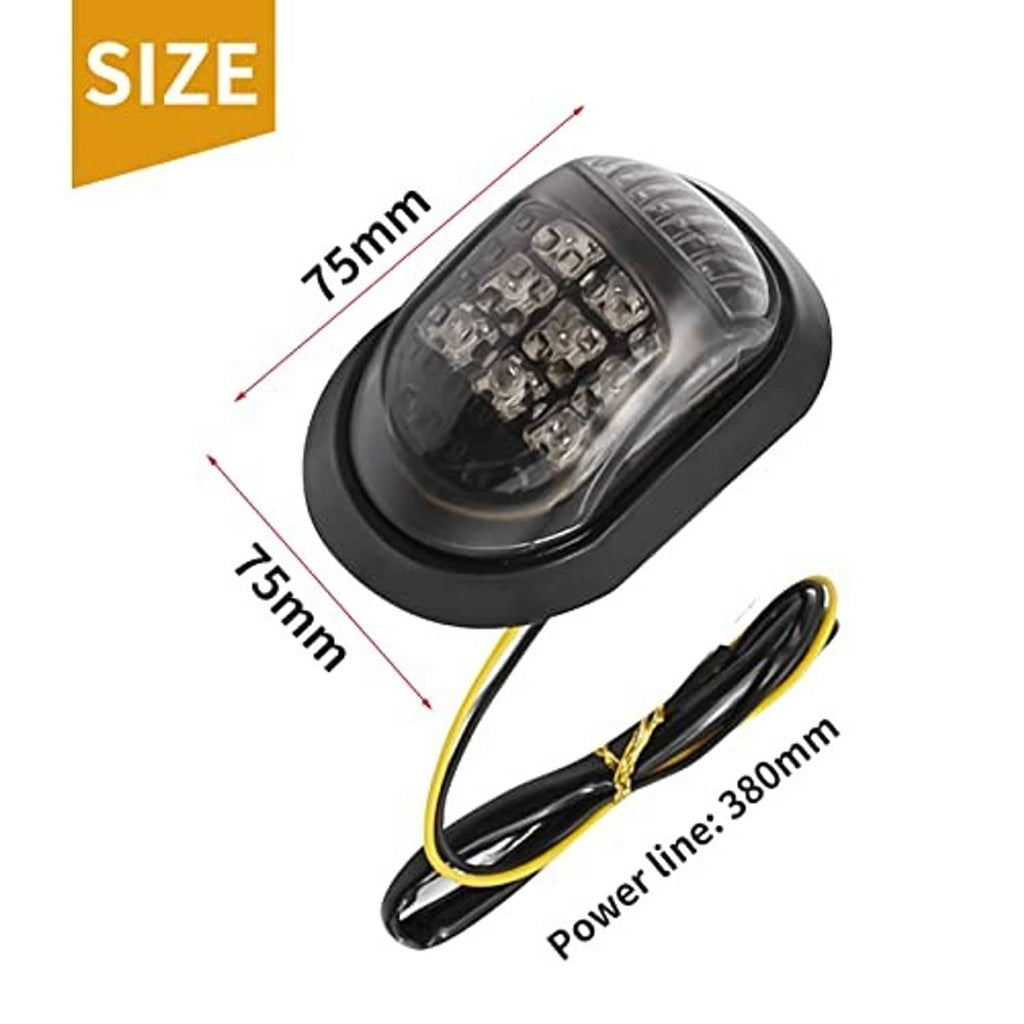 Amber LED motorcycle turn signal dimensions shown on black oval flush-mount housing