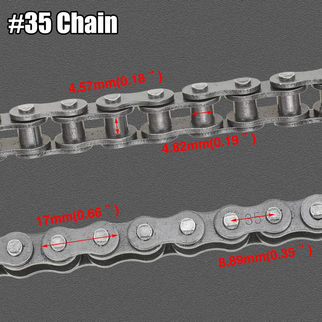 #35 roller chain with visible pin and roller dimensions markings on link plates
