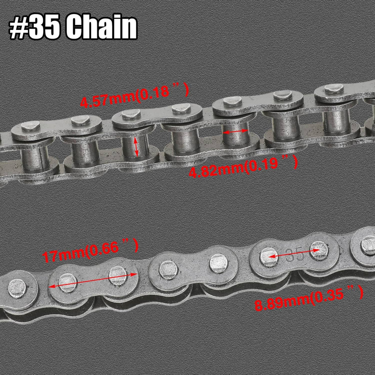 #35 roller chain with visible pin and roller dimensions markings on link plates