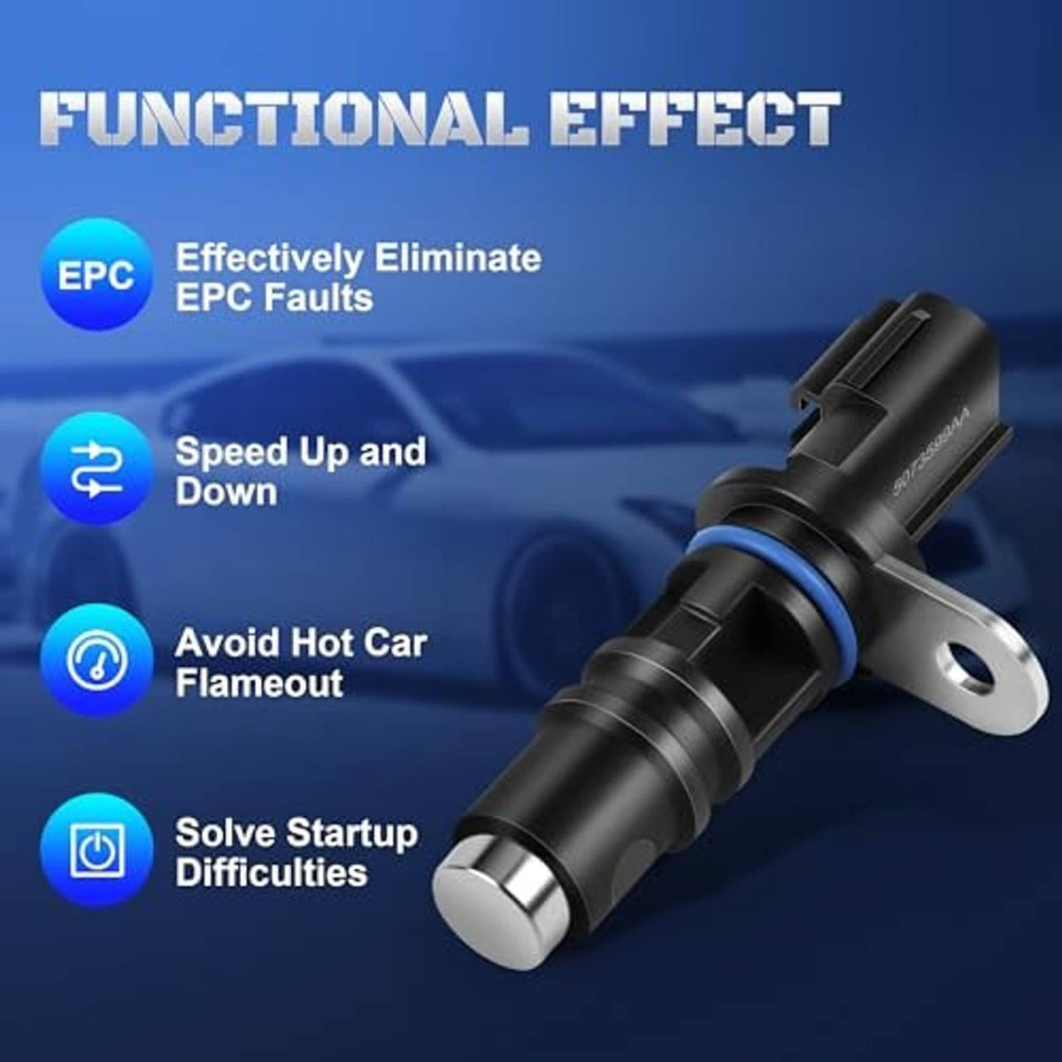 Camshaft position sensor with metal tip and black housing, blue sealing ring