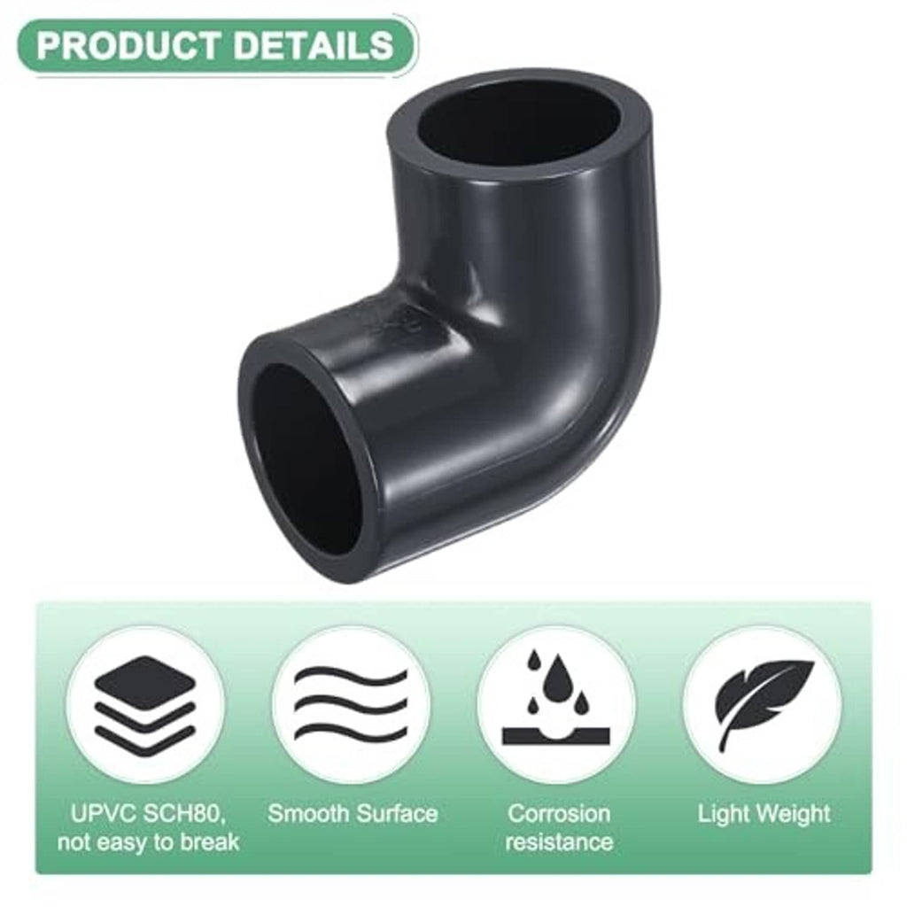 Black 90-degree UPVC socket pipe elbow fitting with two open tube ends