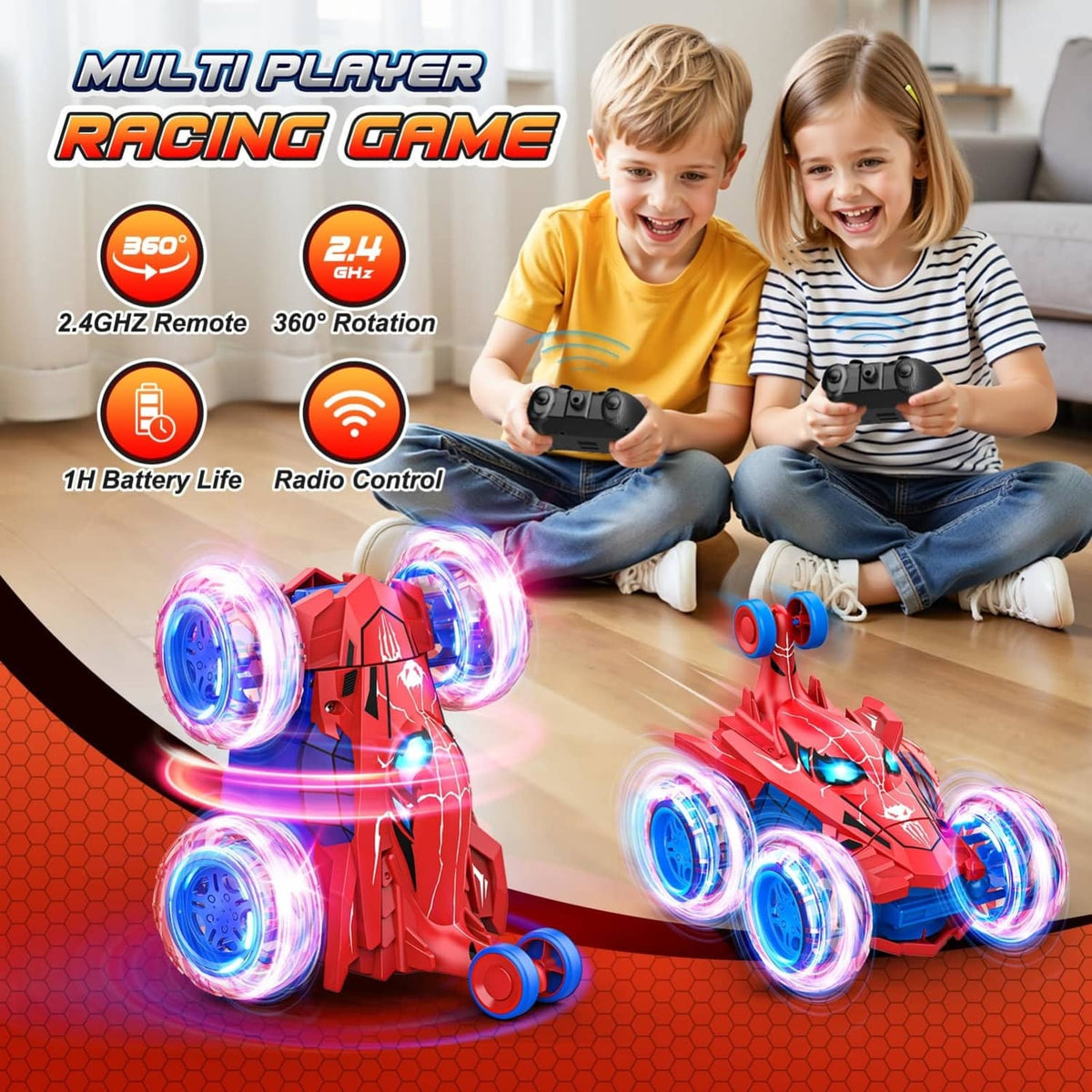Red 4WD RC stunt car with bright blue LED wheels on floor near kids