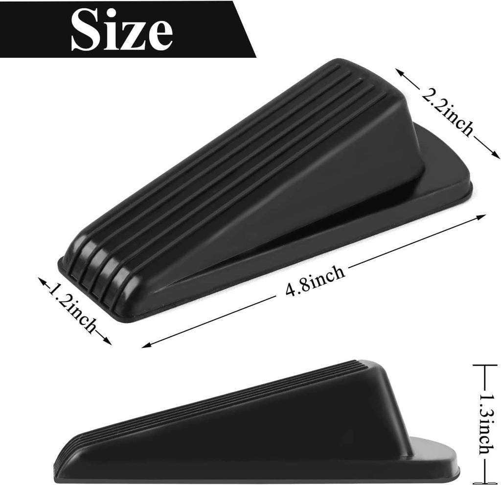 Black rubber door stopper wedge with labeled dimensions for size reference.