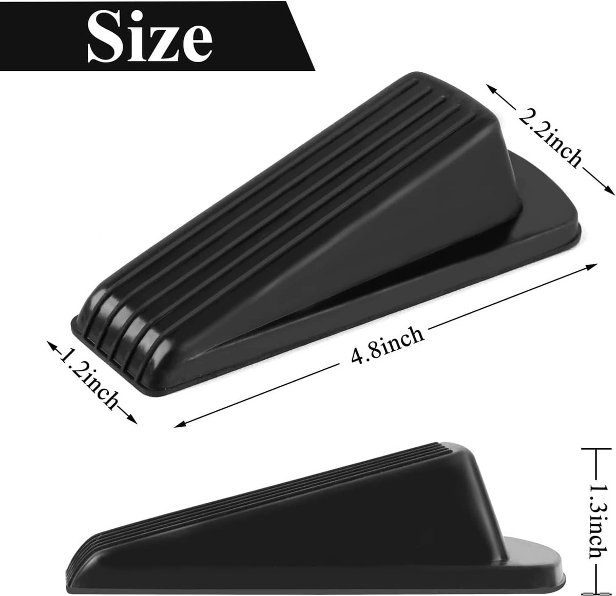 Black rubber door stopper wedge with labeled dimensions for size reference.