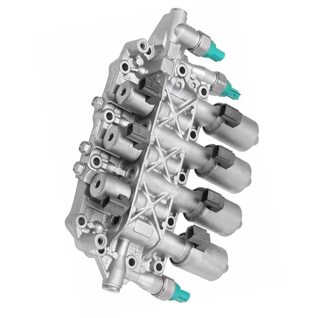 Vehicle valve body assembly angled view with multiple solenoid outlets and green connectors