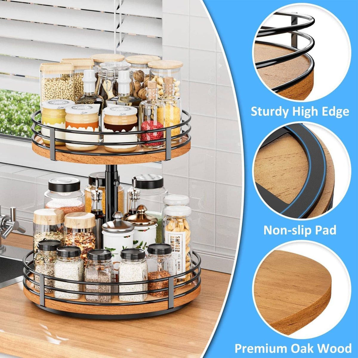 2-tier rotating spice rack with premium oak base, high-edge guard, and non-slip pad