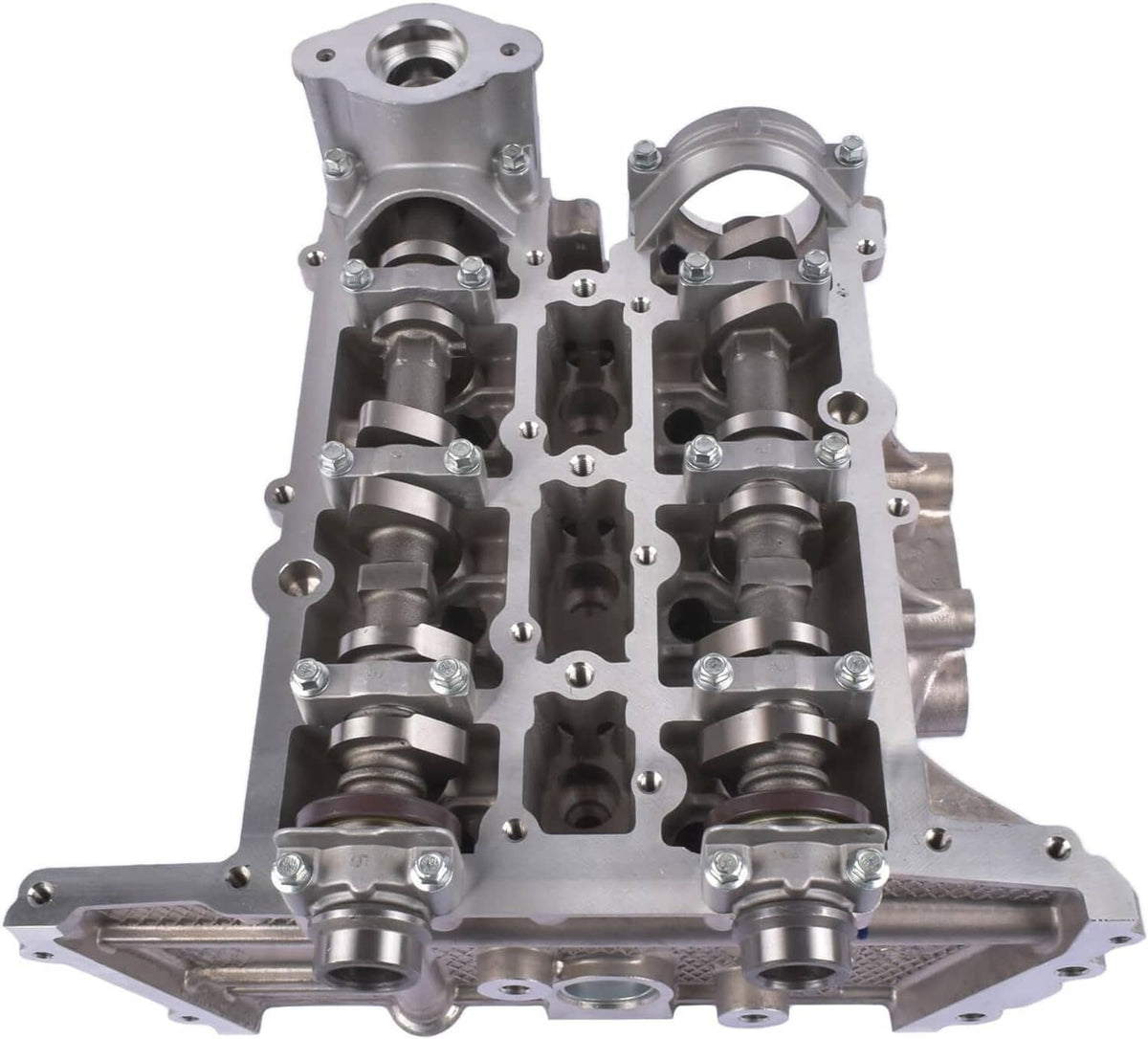 Engine cylinder head top view with valve seats and camshaft bearings, silver