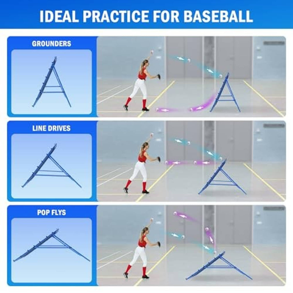 Blue rebounder net with white mesh grid used for baseball pitchback drills