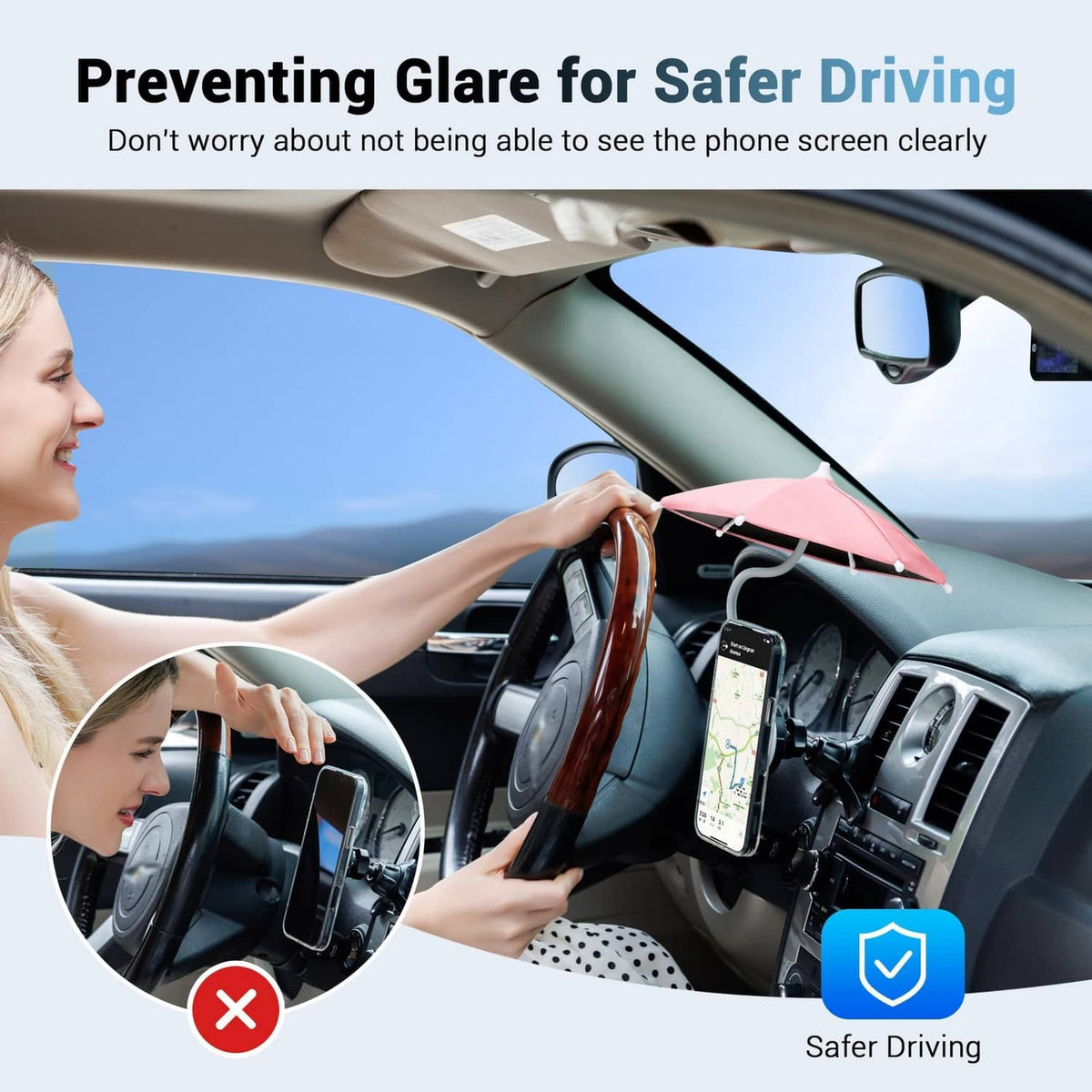 Pink magnetic phone umbrella attached to car for safer viewing and reduced glare.