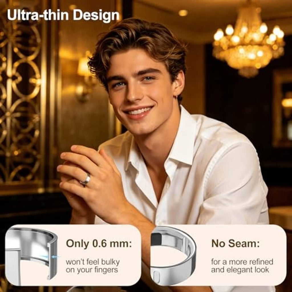 Thin silver ring cover on a finger, showing snug fit around the band