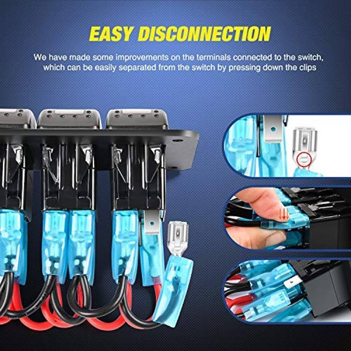 Nilight pre-wired rocker switch terminals with blue connectors and clips