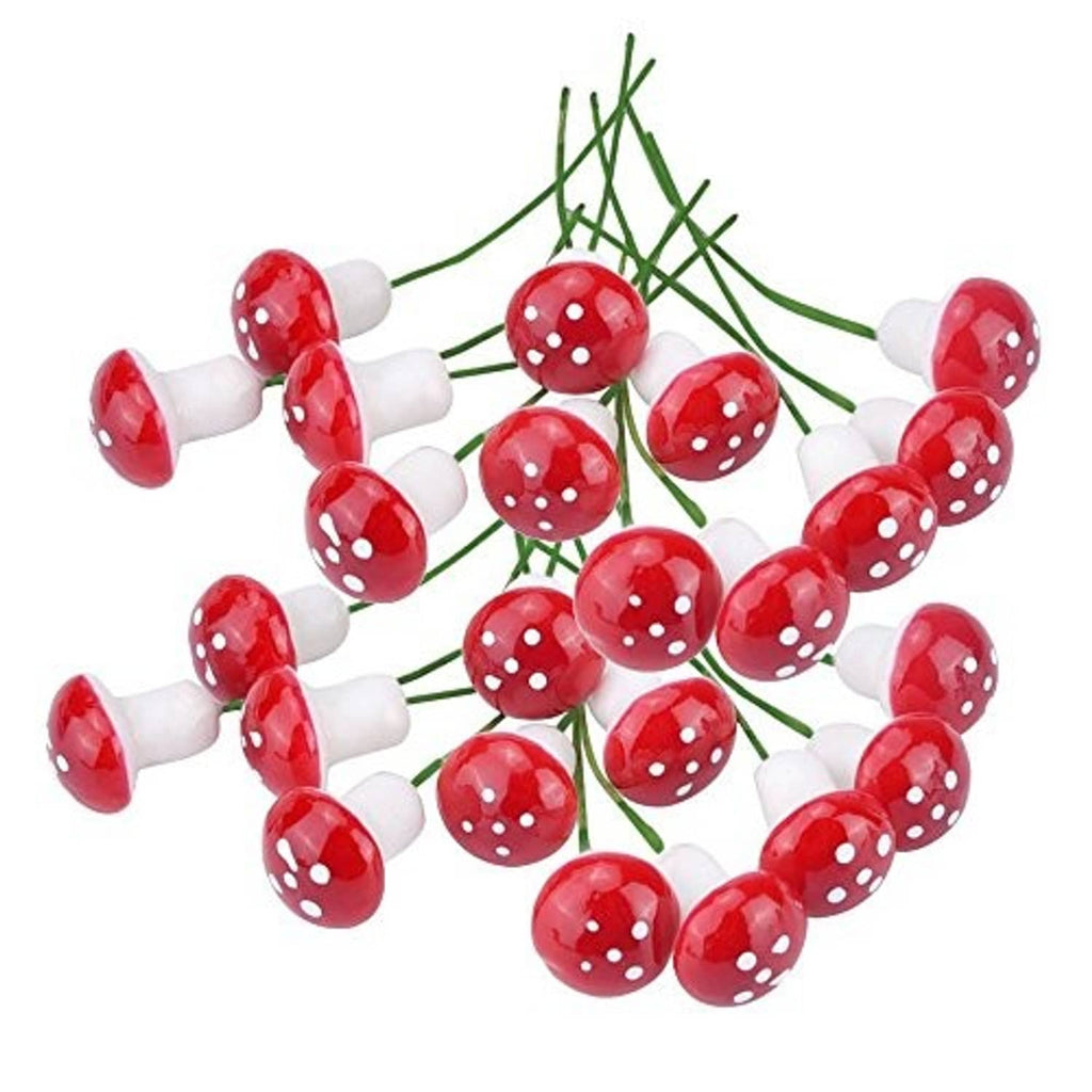 Mini red foam mushroom picks with white spots on green stems (set of 100)