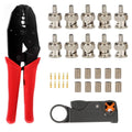 RG58 BNC crimp connector kit with crimp tool, red-and-black handles, metal barrels