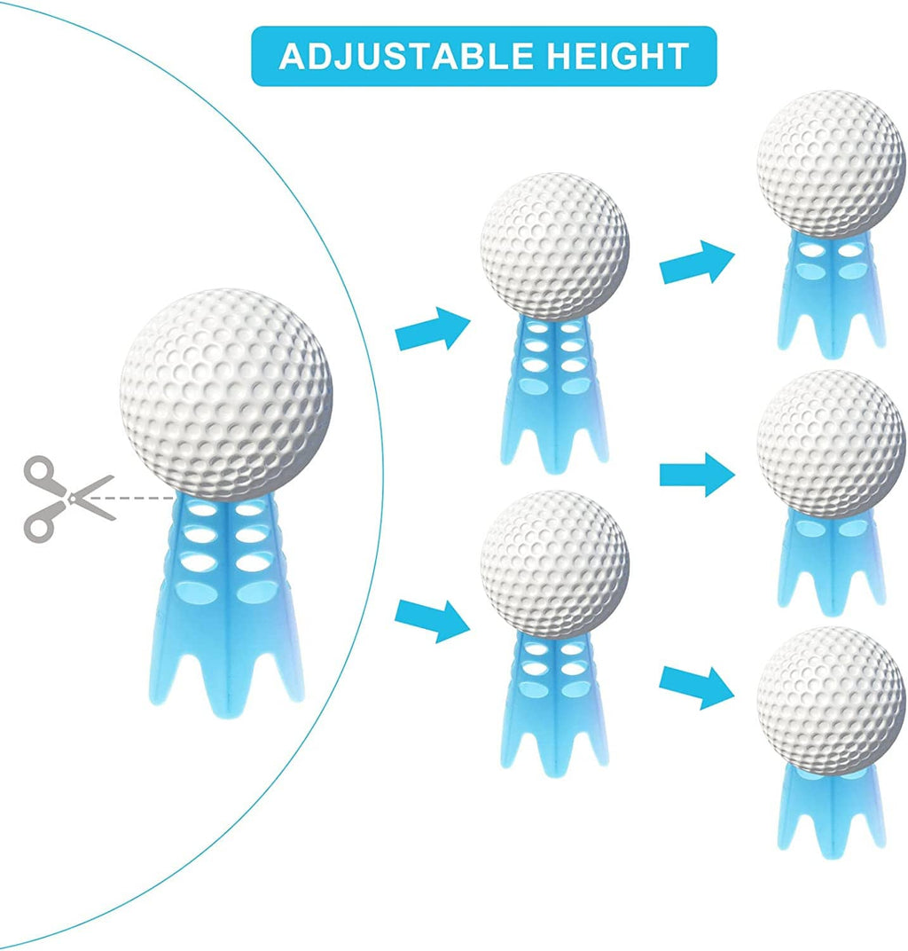 Adjustable-height plastic golf practice tee showing ball placement and height changes
