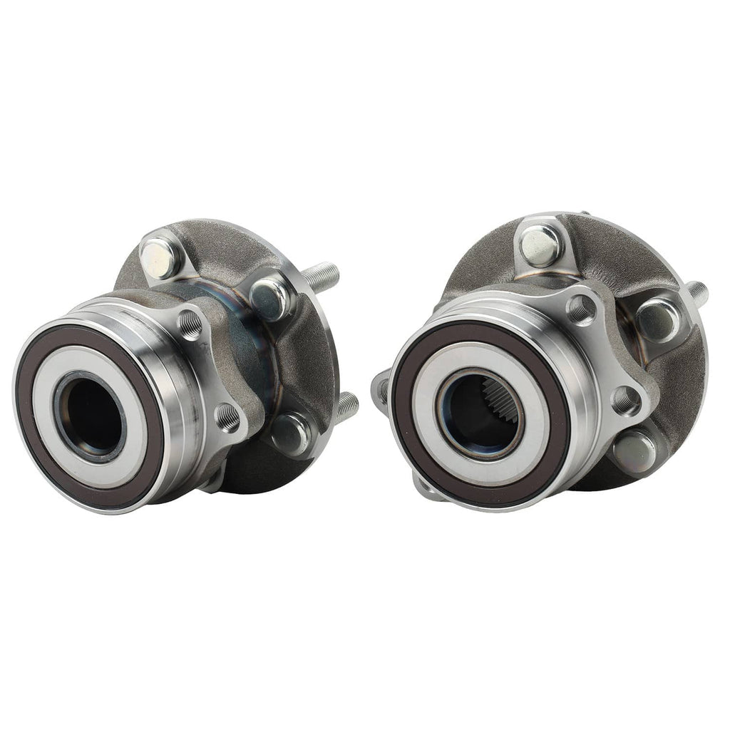 Two rear wheel bearing hubs with dark seal rings and side mounting hardware